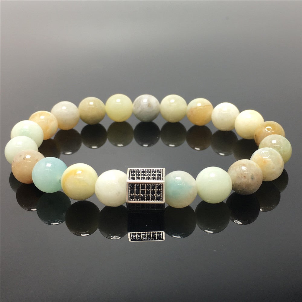 Amazonite Stone Beads with Black Striped CZ Charms Elastic Rope Handmade Bracelets
