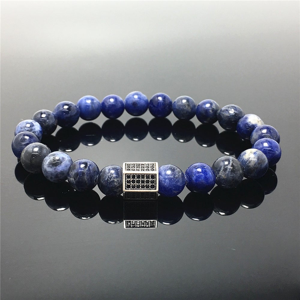 Black Striped CZ Charms Sodalite Stone Beads Elastic Rope Handmade Bracelets