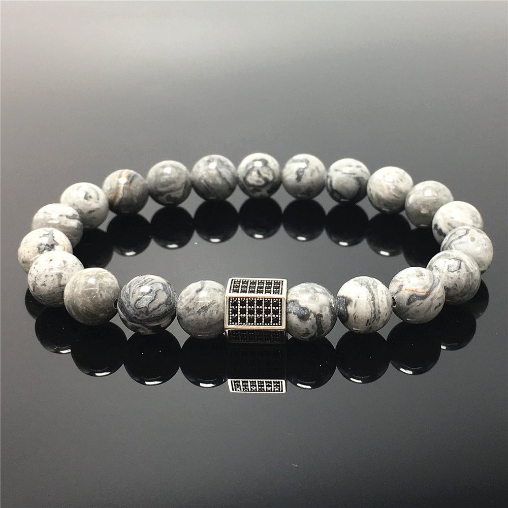 Map Stone Beads with Black Striped CZ Charms Elastic Rope Handmade Bracelets