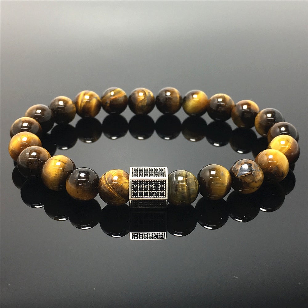Black Striped CZ Charms Tiger Eye Stone Beads Elastic Rope Handmade Bracelets