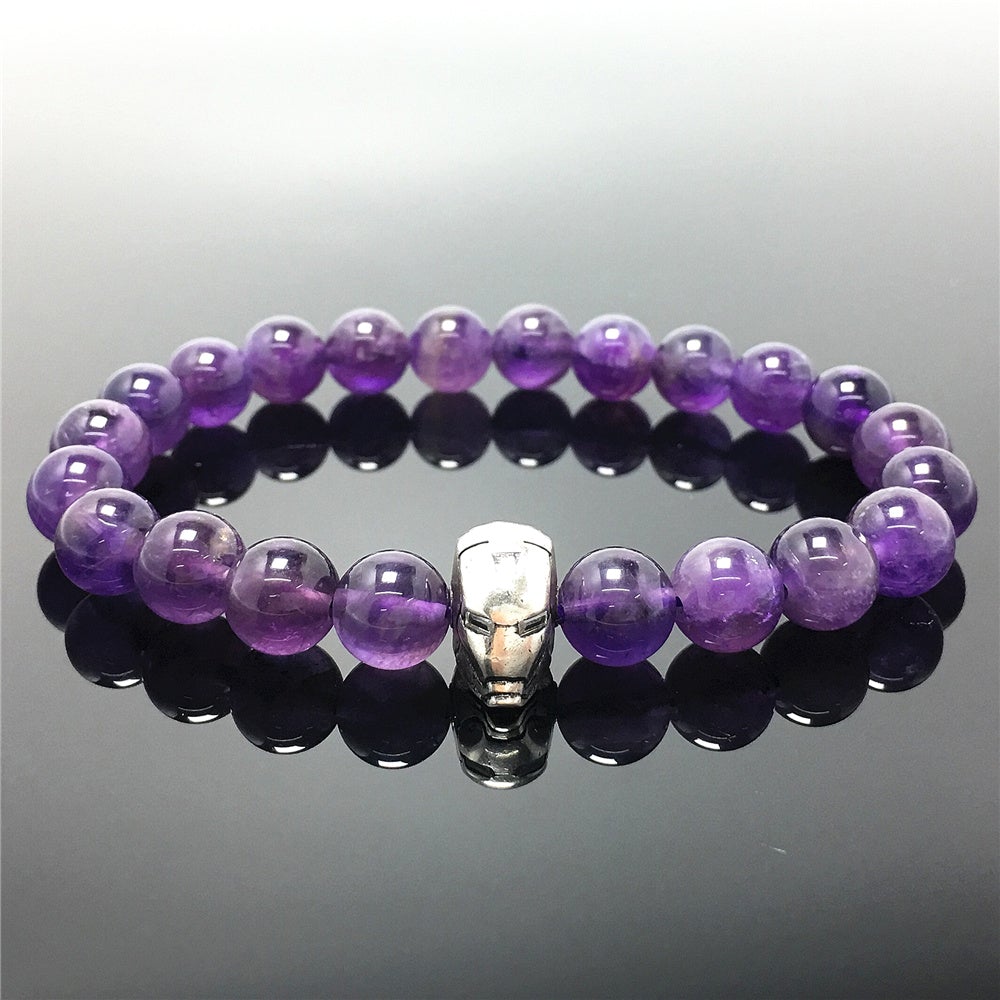 Super Hero Iron Man Bracelet Amethyst Beads Elastic Handmade Jewelry Accessories