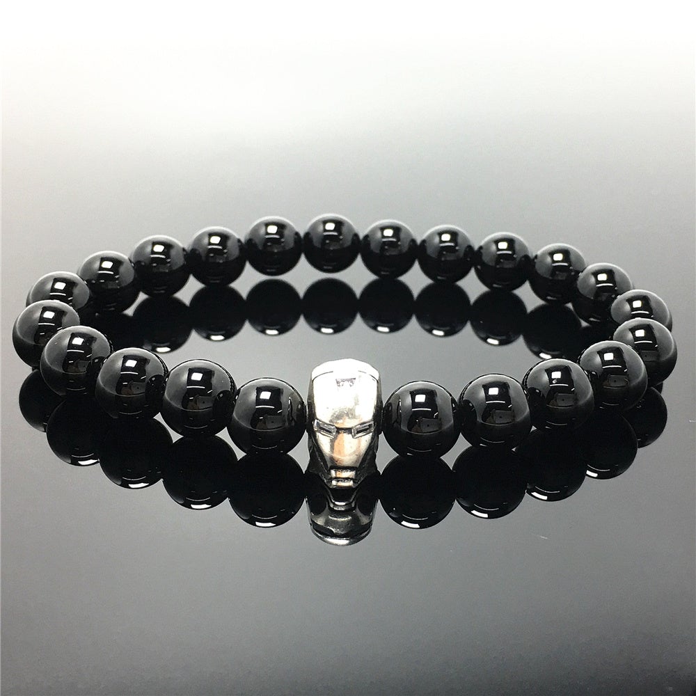 Black Onyx Beads with Super Hero Iron Man Bracelet Elastic Handmade Jewelry Accessories