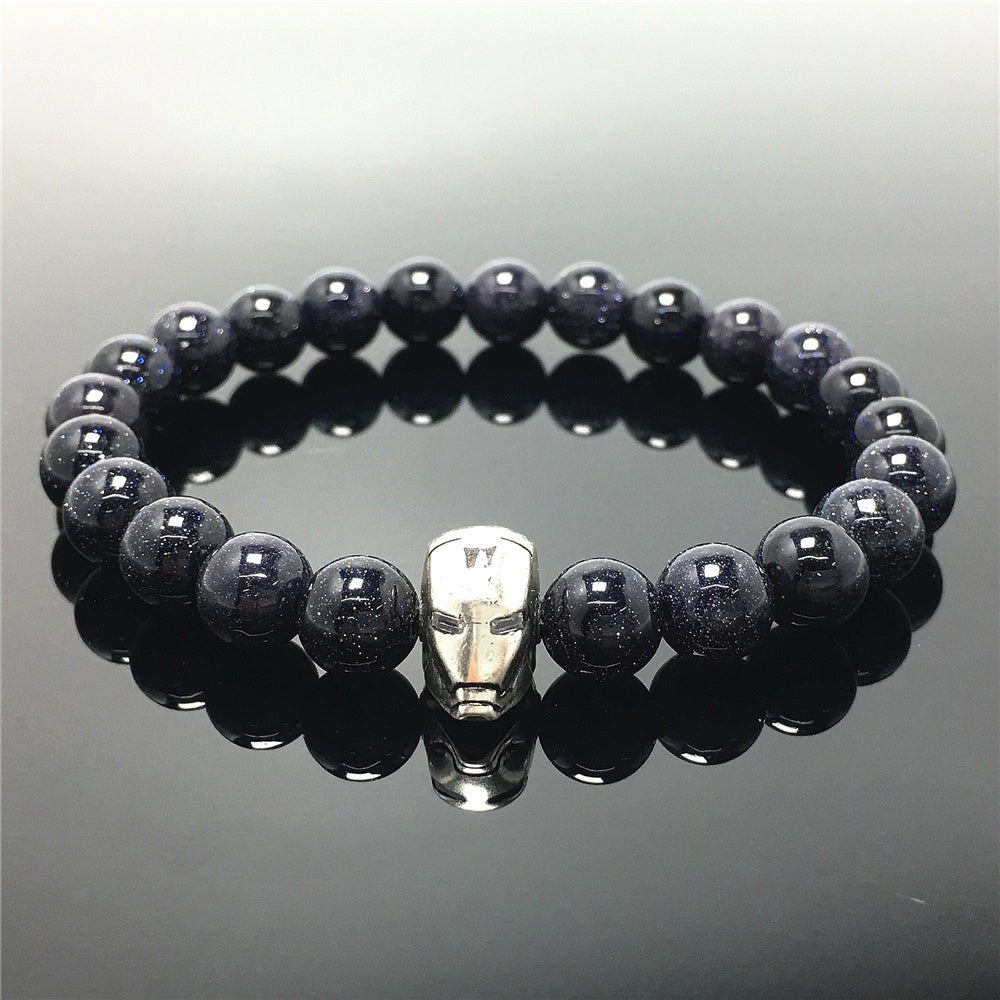 Blue Sandstone Beads with Super Hero Iron Man Bracelet Elastic Handmade Jewelry Accessories