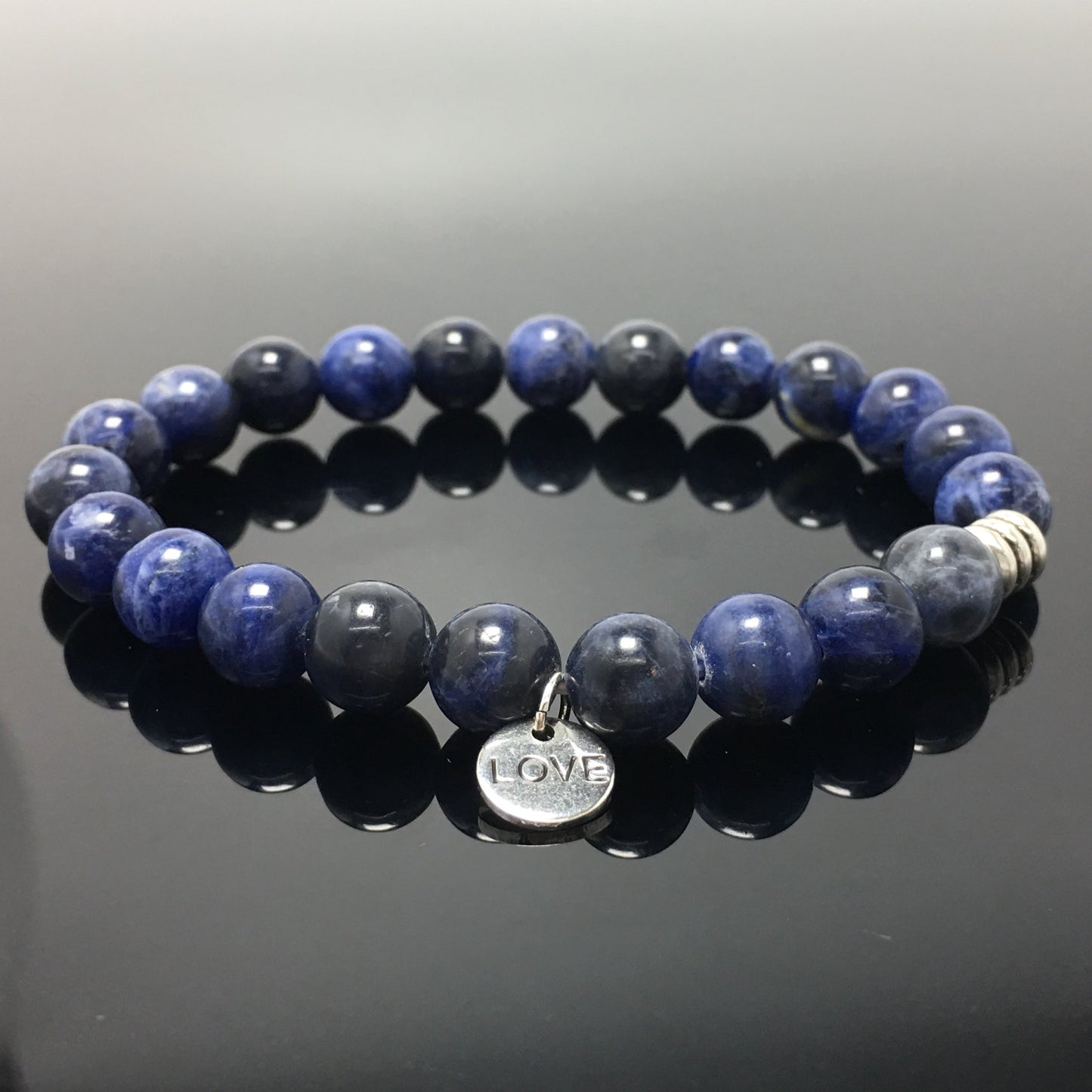 Gemstone Sodalite Custom Beads Bracelet Love Heart Charm Stretch Bracelets