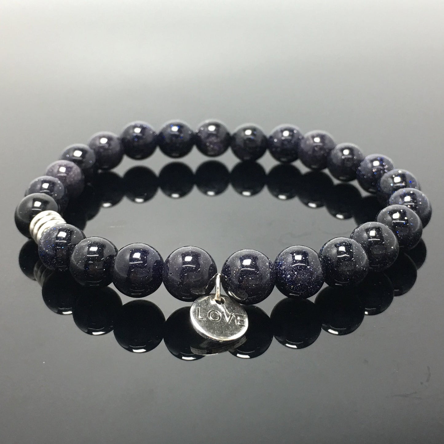 Gemstone Blue Sandstone Custom Beads Bracelet Love Heart Charm Stretch Bracelets