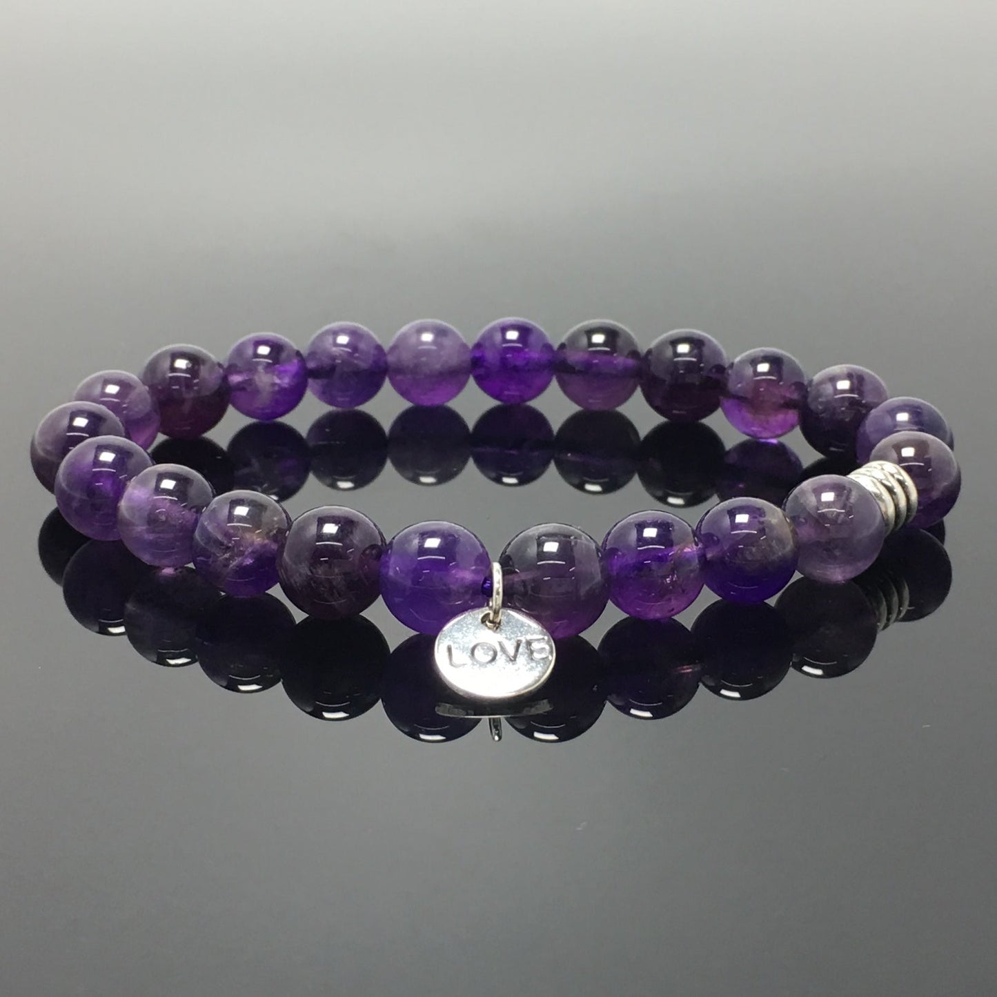 Gemstone Amethyst Custom Beads Bracelet Love Heart Charm Stretch Bracelets