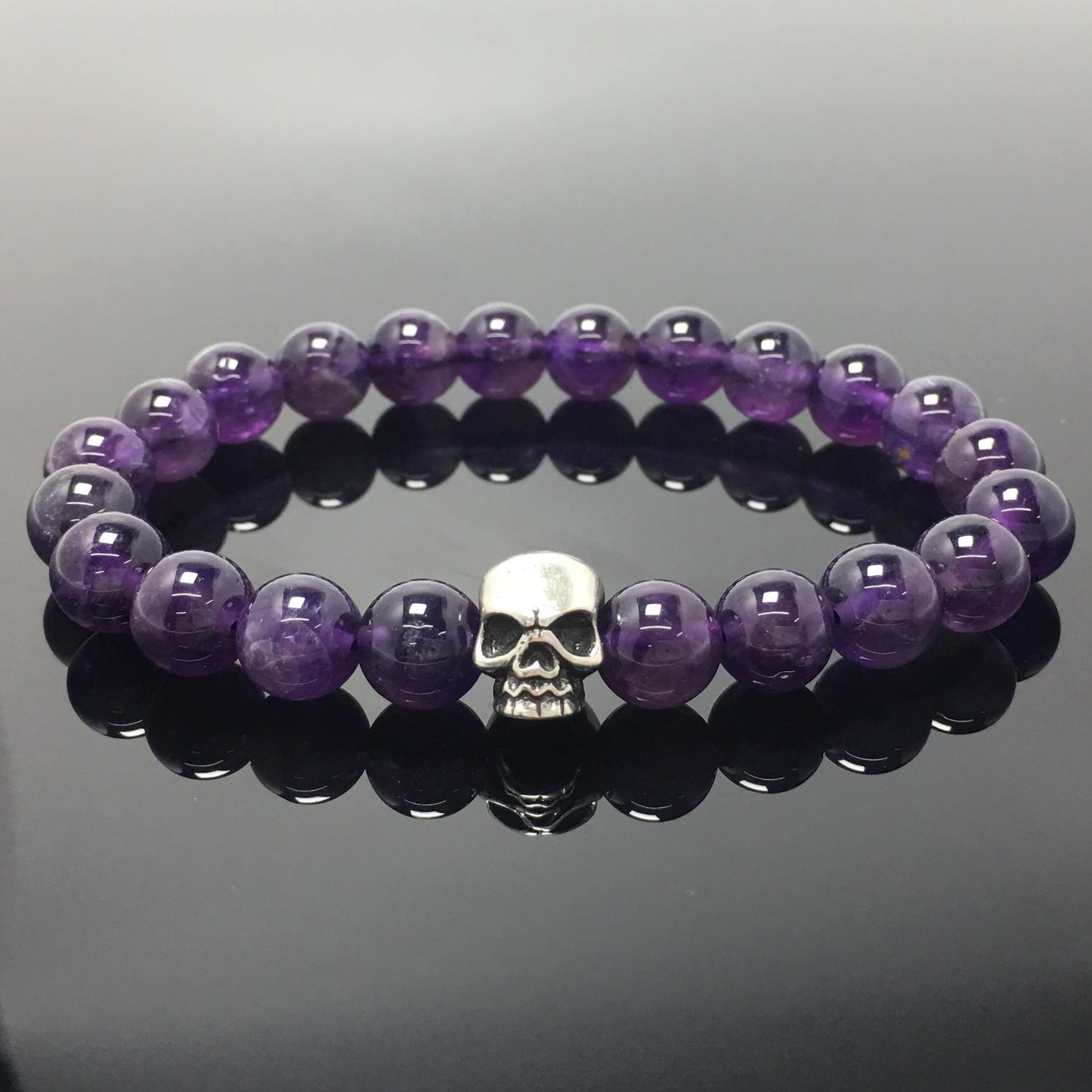 Amethyst Gemstone Unisex Handmade Stretch Bracelet Imperial Skull Charm