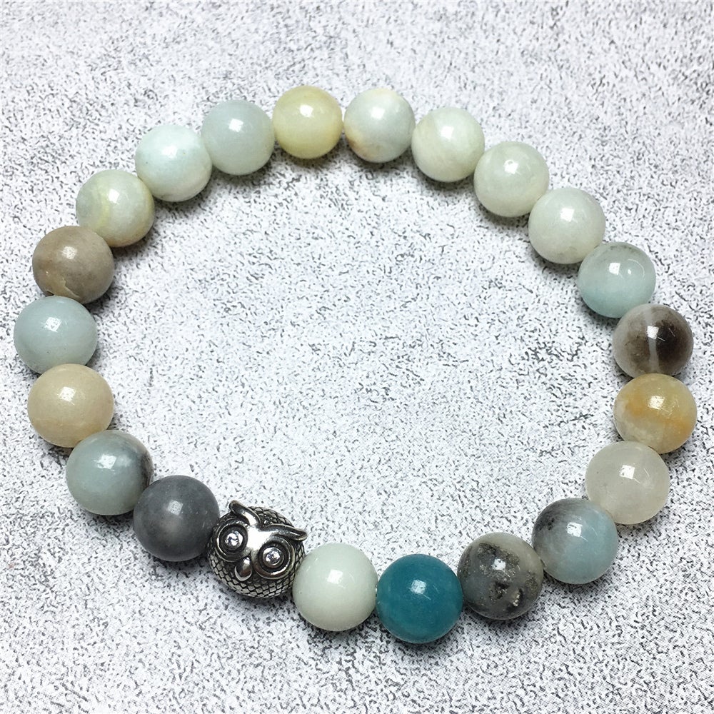 Natural Amazonite Gemstone Elastic Handmade Beaded Bracelet Adjustable Bracelet Owl Design