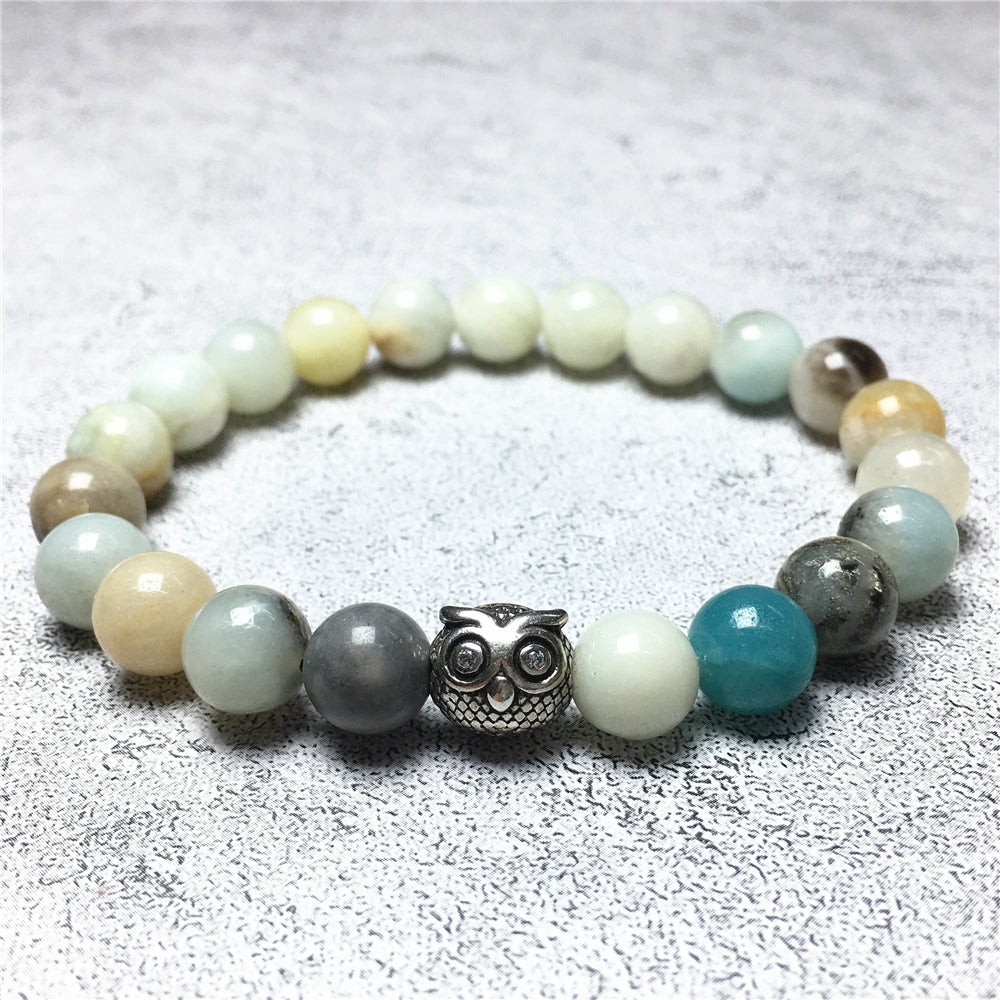 Natural Amazonite Gemstone Elastic Handmade Beaded Bracelet Adjustable Bracelet Owl Design