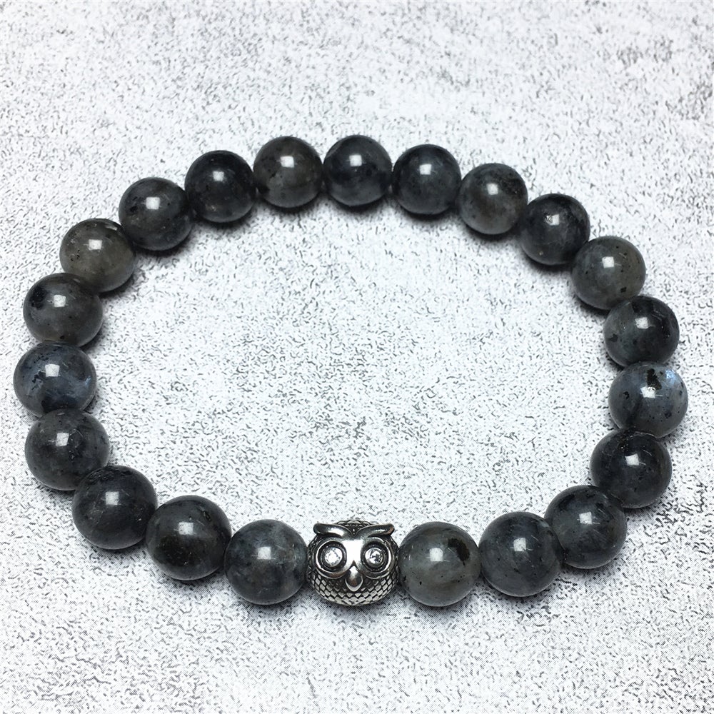 Natural Labradorite Gemstone Elastic Handmade Beaded Bracelet Adjustable Bracelet Owl Design