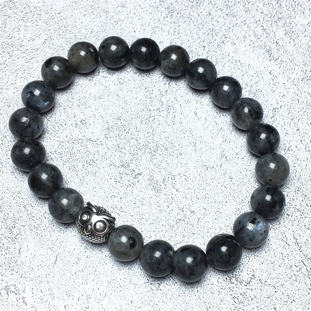 Natural Labradorite Gemstone Elastic Handmade Beaded Bracelet Adjustable Bracelet Owl Design