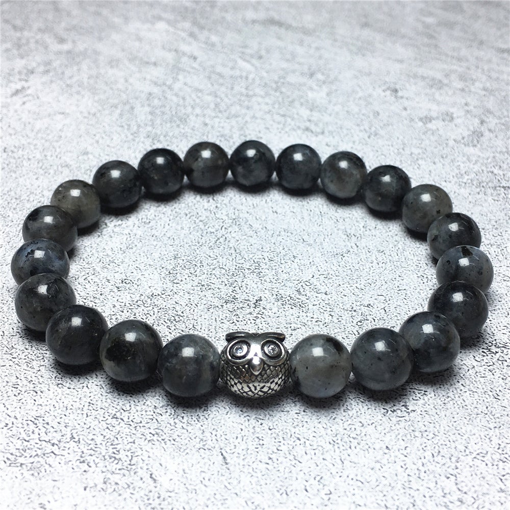 Natural Labradorite Gemstone Elastic Handmade Beaded Bracelet Adjustable Bracelet Owl Design