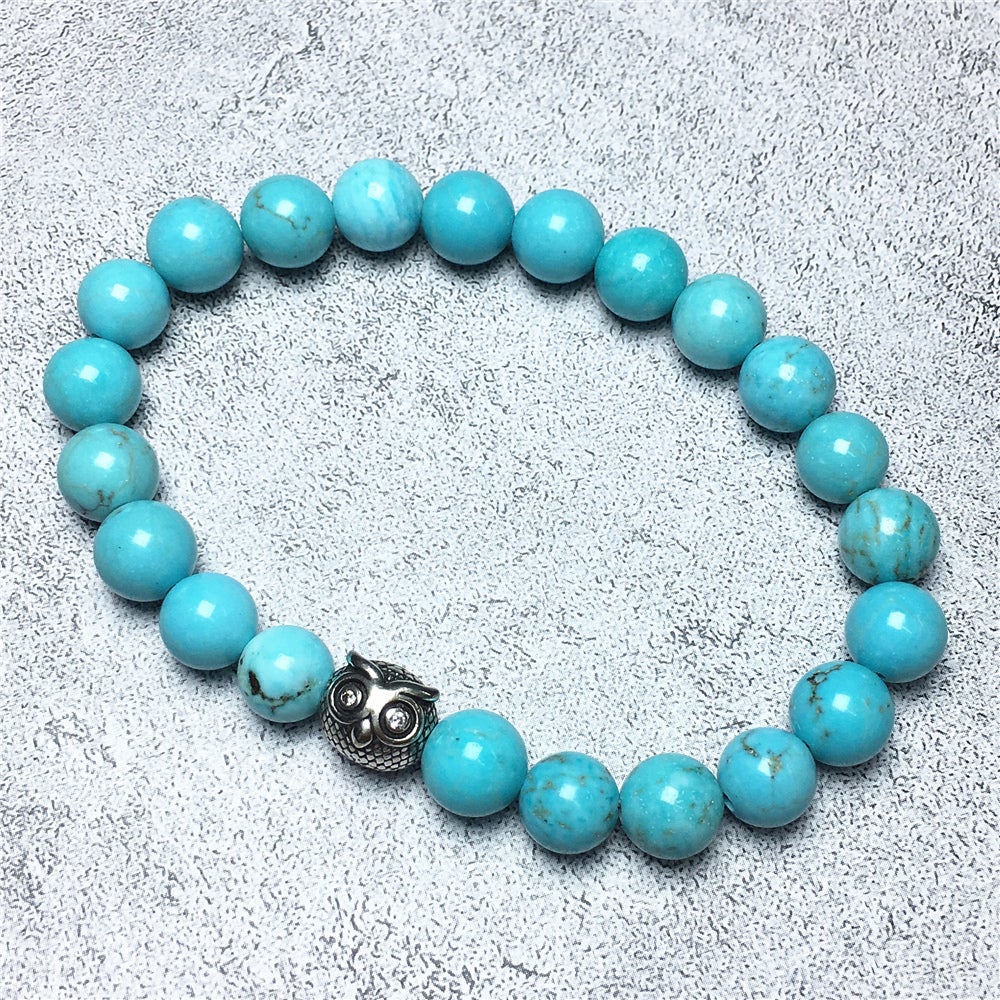 Natural Blue Turquoise Gemstone Elastic Handmade Beaded Bracelet Adjustable Bracelet Owl Design