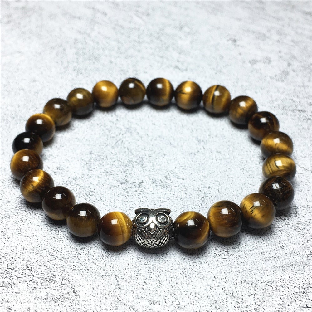 Natural Tigereye Gemstone Handmade Beaded Adjustable Bracelet Owl Design