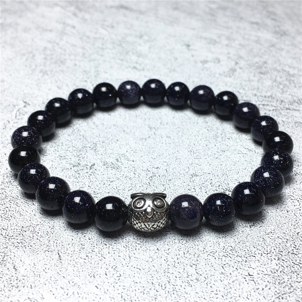 Natural Blue Sandstone Gemstone Handmade Beaded Bracelet Adjustable Bracelet Owl Design