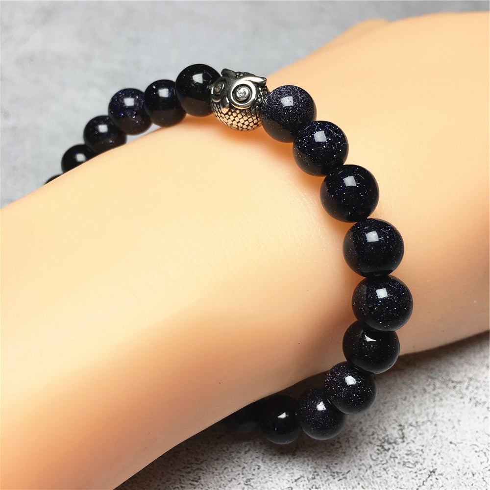 Natural Blue Sandstone Gemstone Handmade Beaded Bracelet Adjustable Bracelet Owl Design