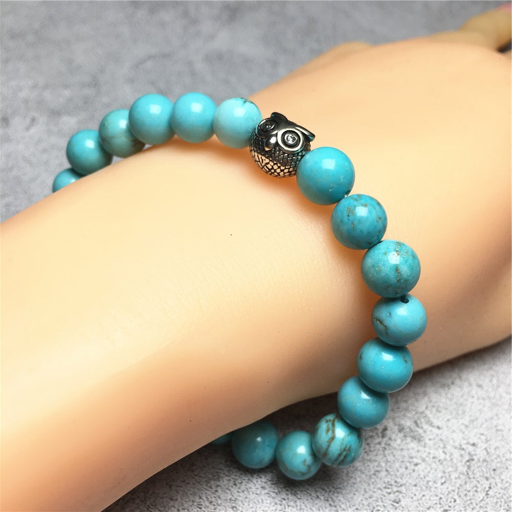 Natural Blue Turquoise Gemstone Elastic Handmade Beaded Bracelet Adjustable Bracelet Owl Design