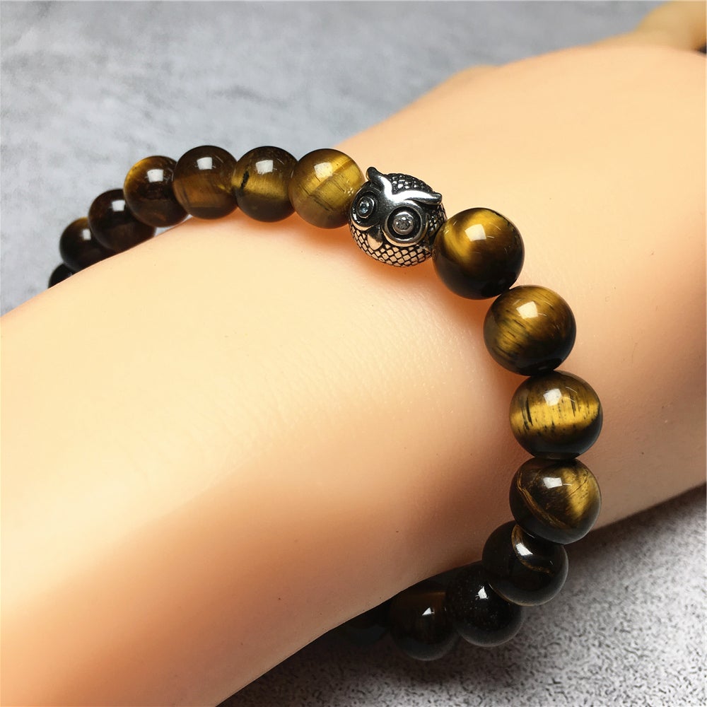Natural Tigereye Gemstone Handmade Beaded Adjustable Bracelet Owl Design