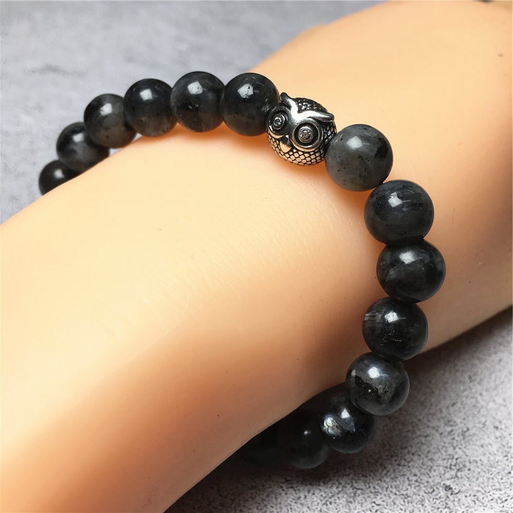 Natural Labradorite Gemstone Elastic Handmade Beaded Bracelet Adjustable Bracelet Owl Design