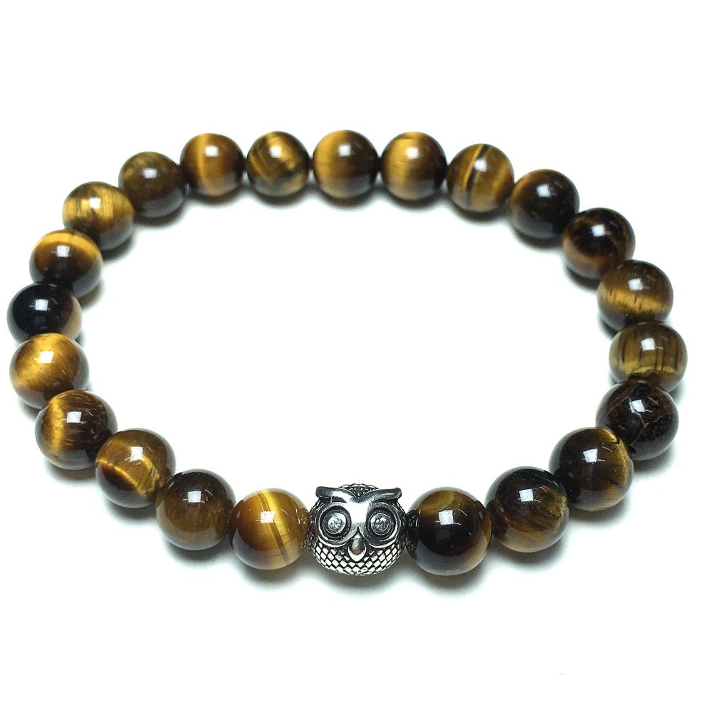 Natural Tigereye Gemstone Handmade Beaded Adjustable Bracelet Owl Design