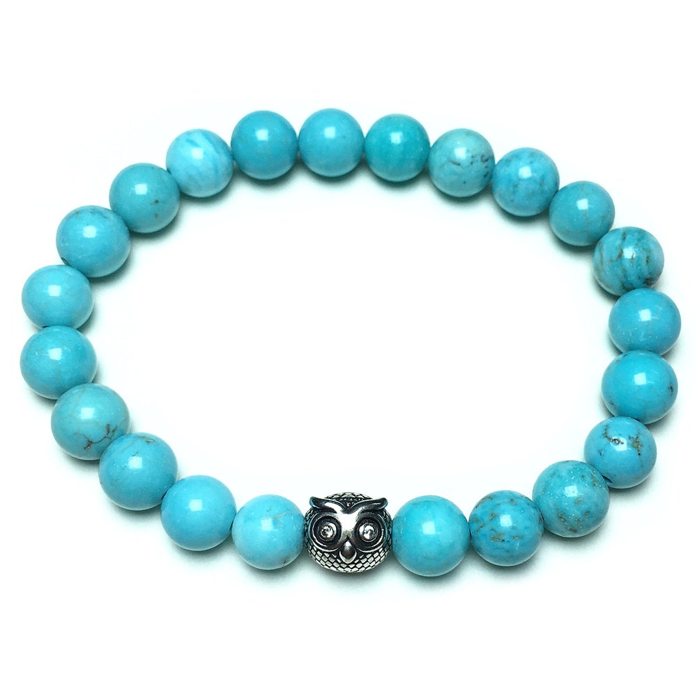 Natural Blue Turquoise Gemstone Elastic Handmade Beaded Bracelet Adjustable Bracelet Owl Design