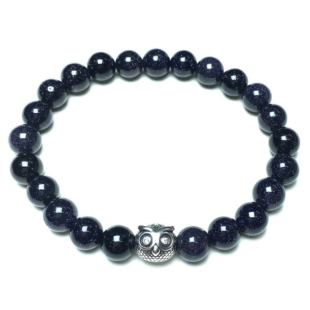 Natural Blue Sandstone Gemstone Handmade Beaded Bracelet Adjustable Bracelet Owl Design