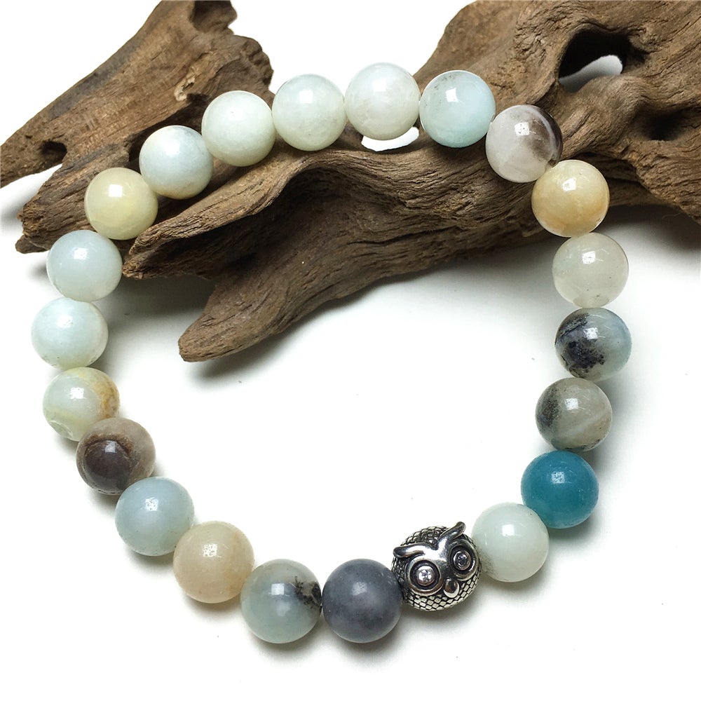 Natural Amazonite Gemstone Elastic Handmade Beaded Bracelet Adjustable Bracelet Owl Design
