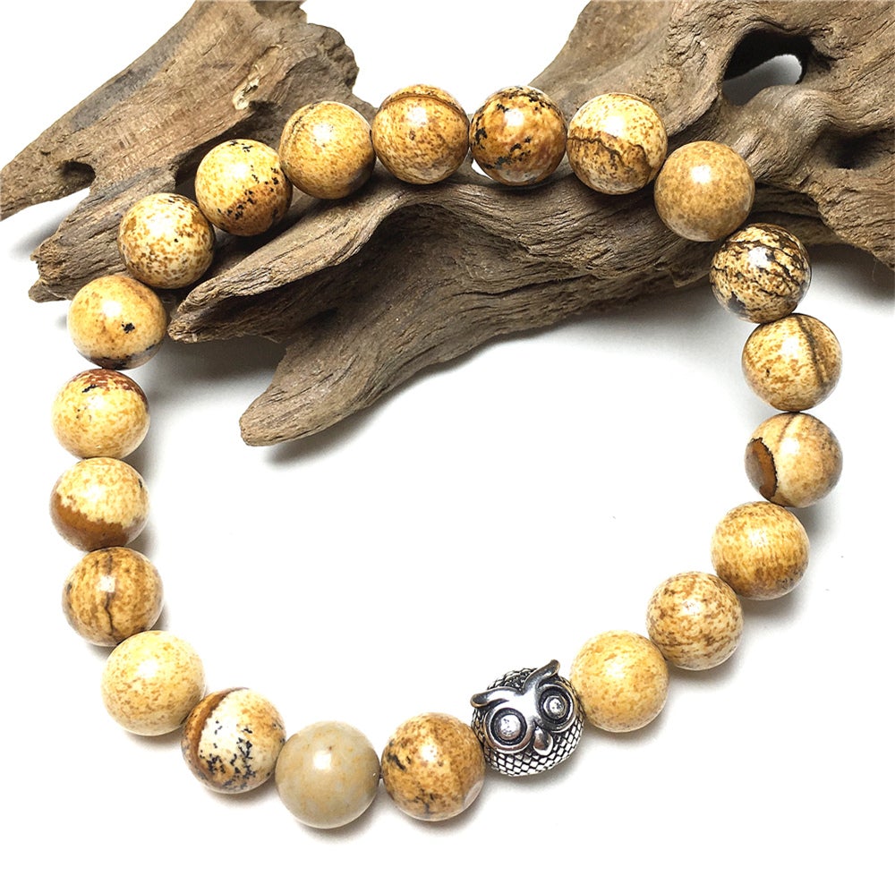 Natural Picture Jasper Gemstone Elastic Handmade Beaded Bracelet Adjustable Bracelet Owl Design