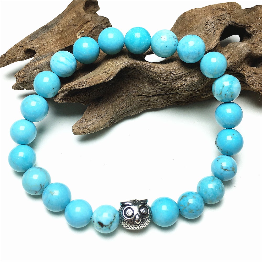 Natural Blue Turquoise Gemstone Elastic Handmade Beaded Bracelet Adjustable Bracelet Owl Design