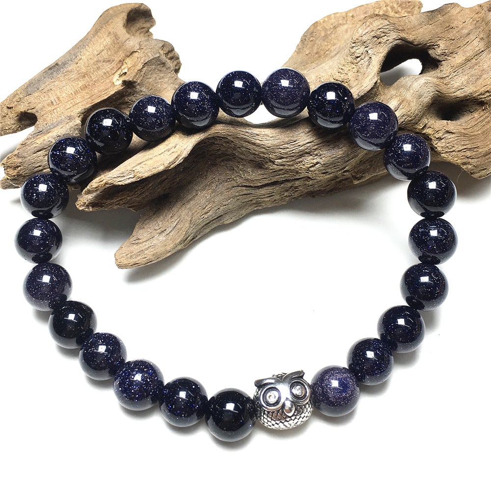 Natural Blue Sandstone Gemstone Handmade Beaded Bracelet Adjustable Bracelet Owl Design