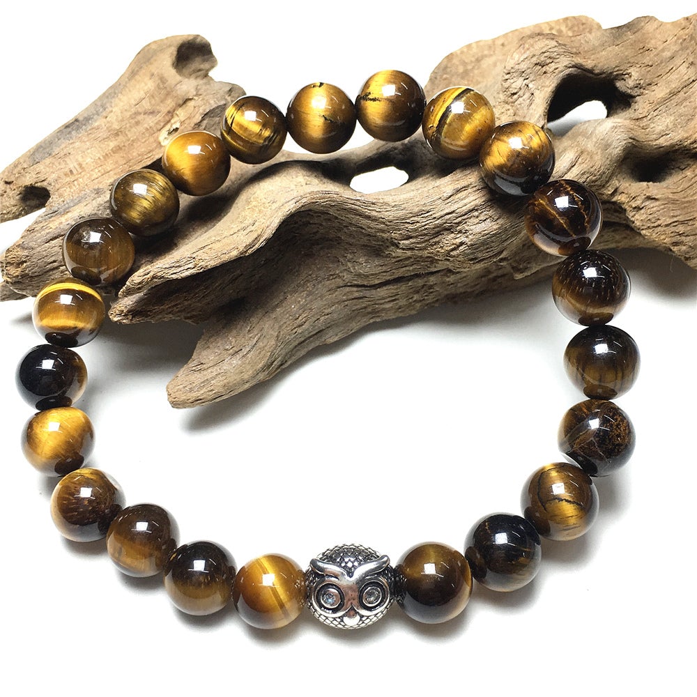 Natural Tigereye Gemstone Handmade Beaded Adjustable Bracelet Owl Design