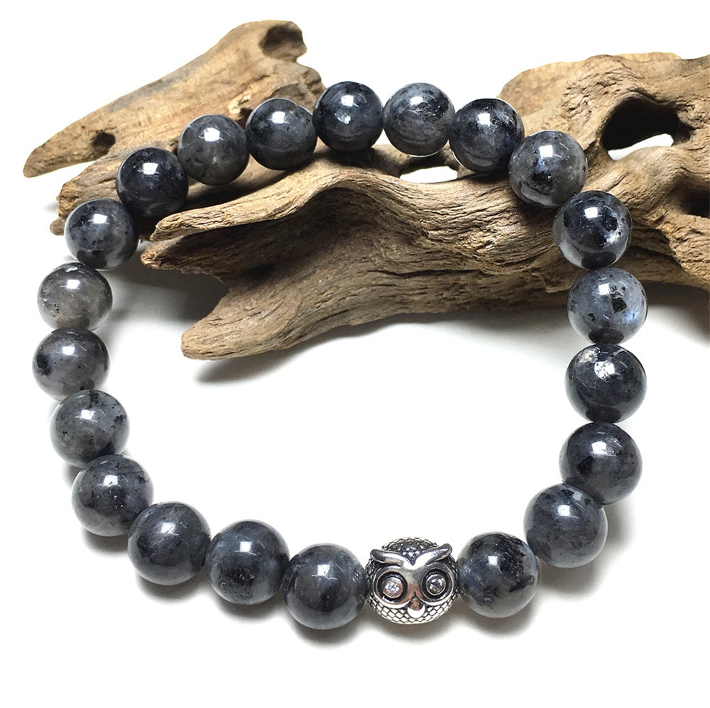 Natural Labradorite Gemstone Elastic Handmade Beaded Bracelet Adjustable Bracelet Owl Design