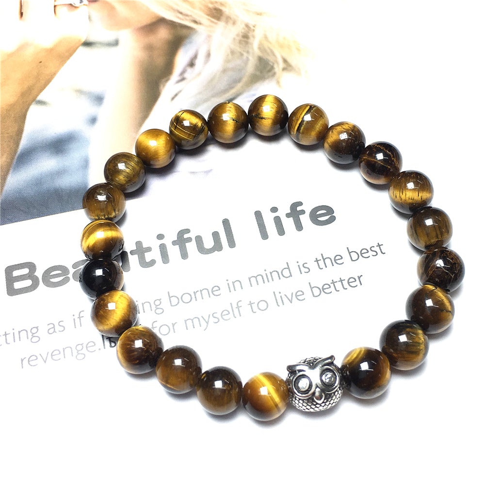 Natural Tigereye Gemstone Handmade Beaded Adjustable Bracelet Owl Design