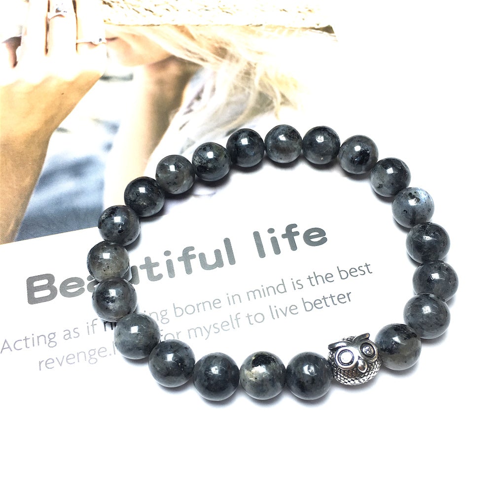 Natural Labradorite Gemstone Elastic Handmade Beaded Bracelet Adjustable Bracelet Owl Design
