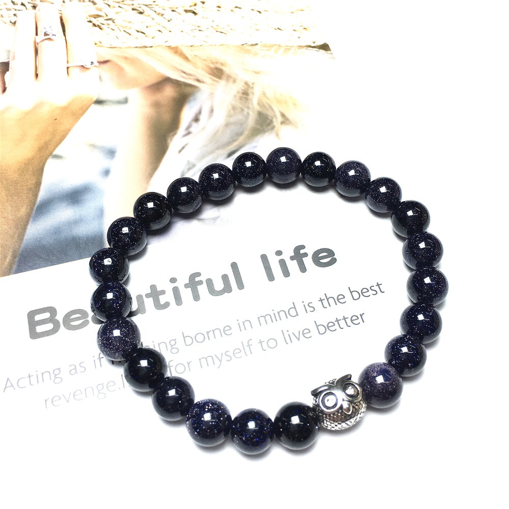 Natural Blue Sandstone Gemstone Handmade Beaded Bracelet Adjustable Bracelet Owl Design