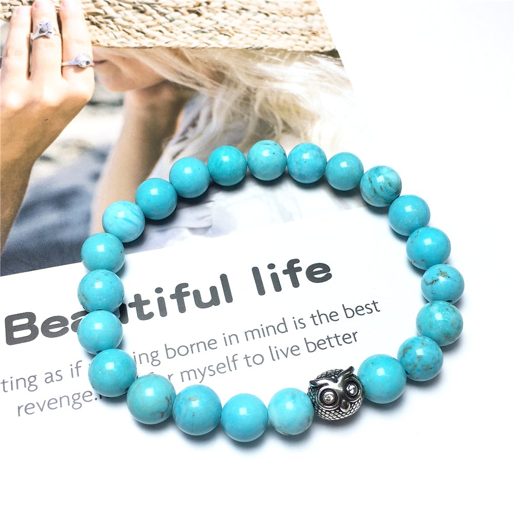 Natural Blue Turquoise Gemstone Elastic Handmade Beaded Bracelet Adjustable Bracelet Owl Design