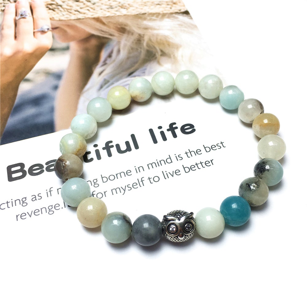 Natural Amazonite Gemstone Elastic Handmade Beaded Bracelet Adjustable Bracelet Owl Design