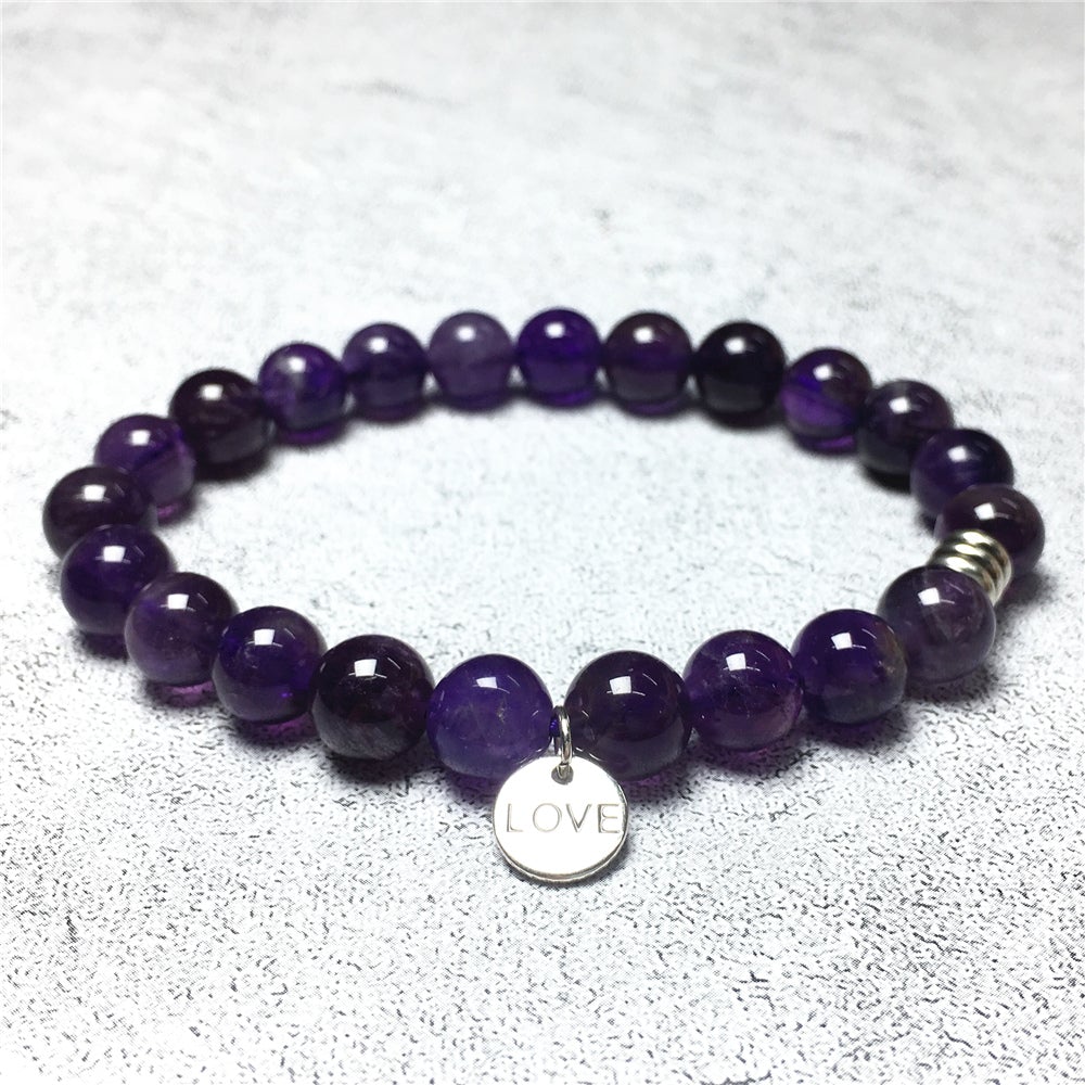 Gemstone Amethyst Custom Beads Bracelet Love Heart Charm Stretch Bracelets