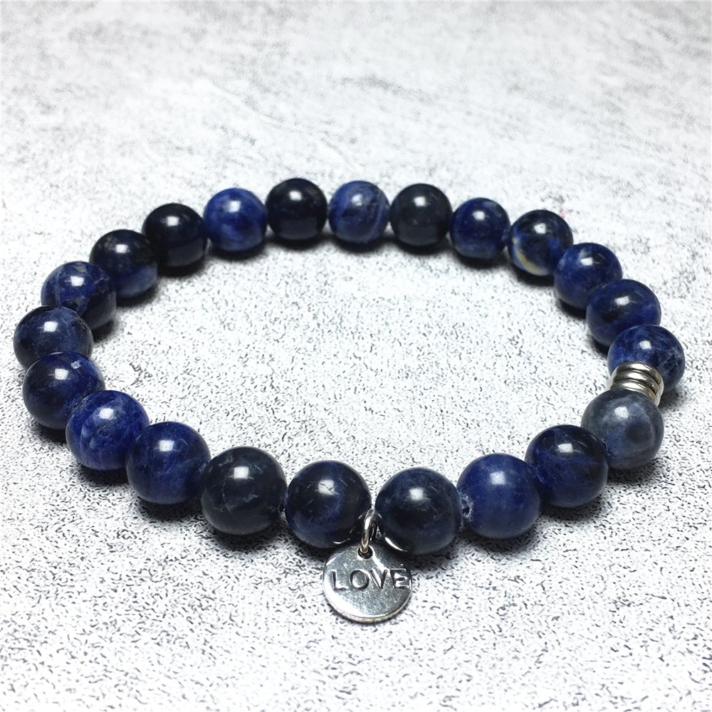 Gemstone Sodalite Custom Beads Bracelet Love Heart Charm Stretch Bracelets