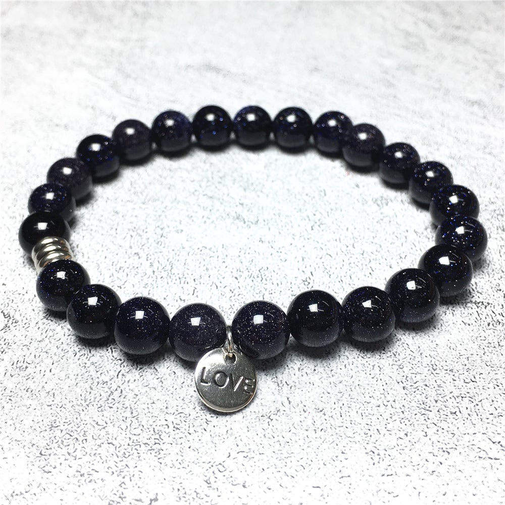 Gemstone Blue Sandstone Custom Beads Bracelet Love Heart Charm Stretch Bracelets