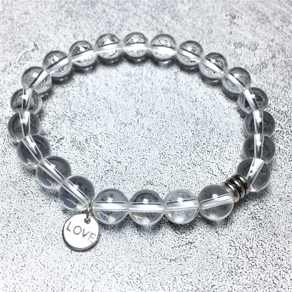 Gemstone Clear Quartz Gemstone Custom Beads Bracelet Love Heart Charm Stretch Bracelets