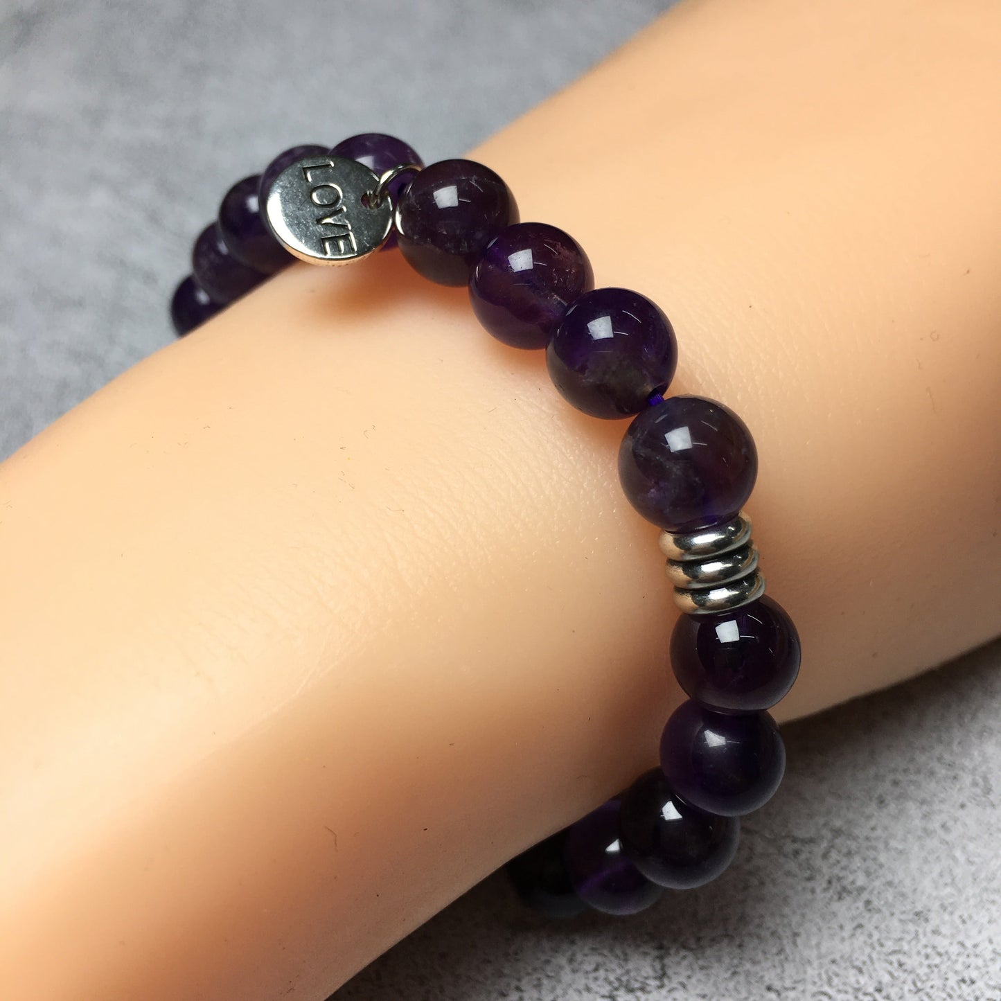 Gemstone Amethyst Custom Beads Bracelet Love Heart Charm Stretch Bracelets