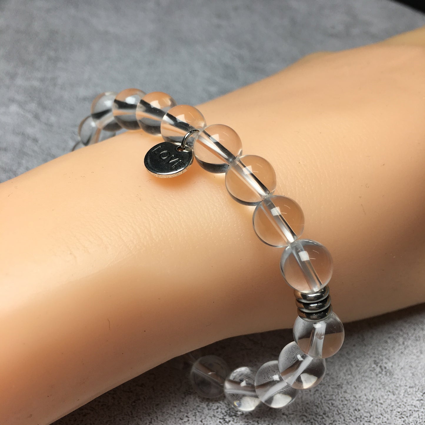 Gemstone Clear Quartz Gemstone Custom Beads Bracelet Love Heart Charm Stretch Bracelets