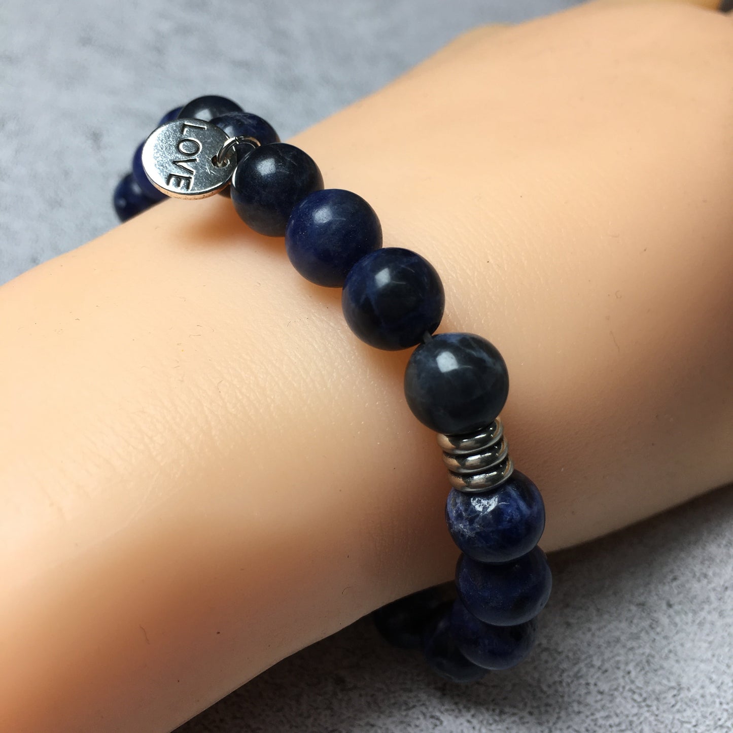 Gemstone Sodalite Custom Beads Bracelet Love Heart Charm Stretch Bracelets