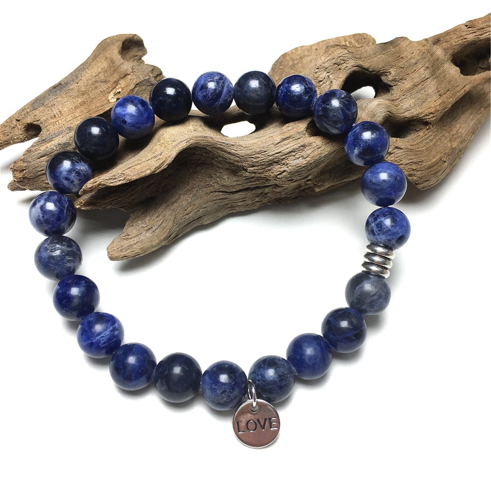 Gemstone Sodalite Custom Beads Bracelet Love Heart Charm Stretch Bracelets