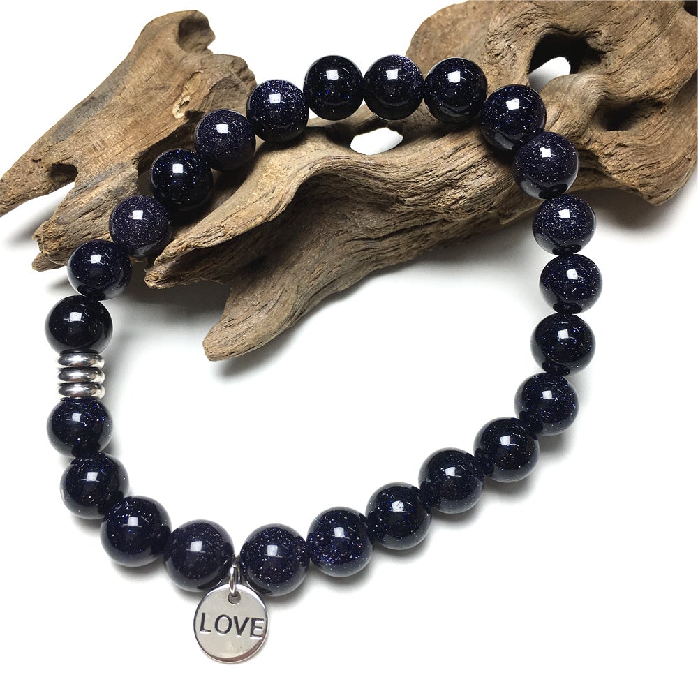 Gemstone Blue Sandstone Custom Beads Bracelet Love Heart Charm Stretch Bracelets