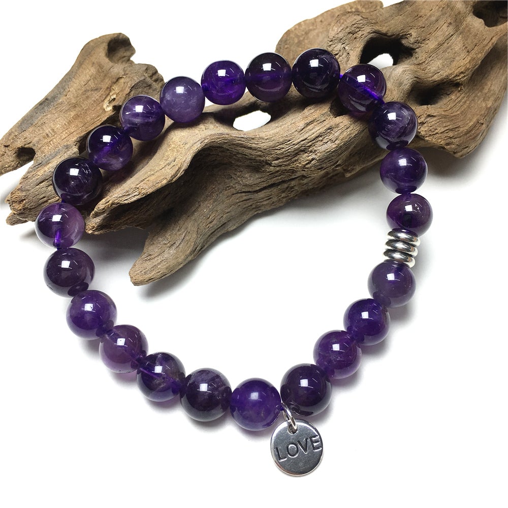 Gemstone Amethyst Custom Beads Bracelet Love Heart Charm Stretch Bracelets