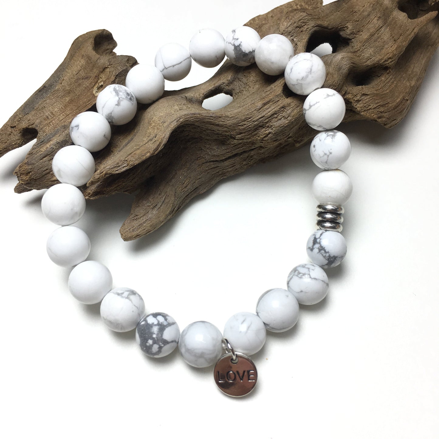 Gemstone Howlite Gemstone Custom Beads Bracelet Love Heart Charm Stretch Bracelets