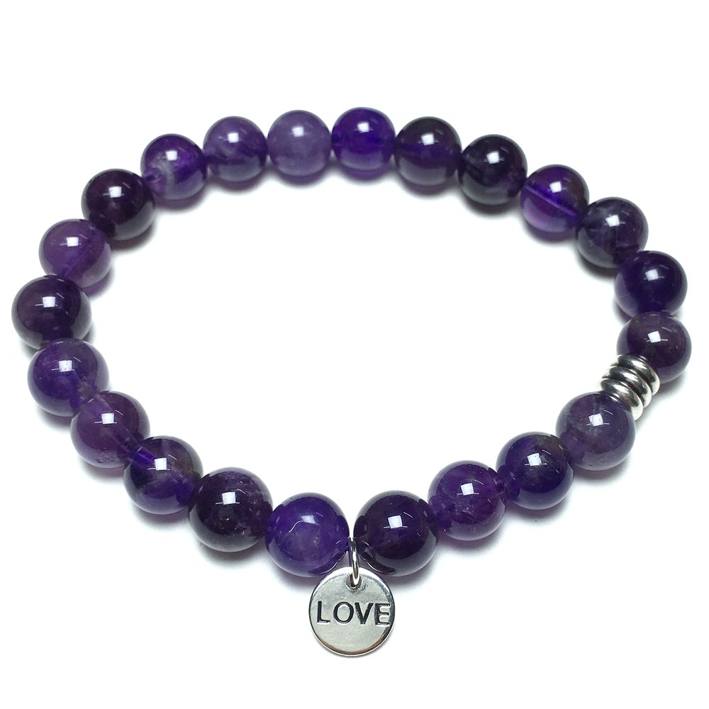 Gemstone Amethyst Custom Beads Bracelet Love Heart Charm Stretch Bracelets