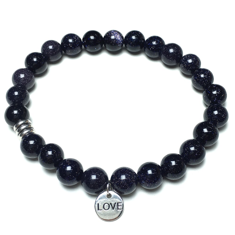 Gemstone Blue Sandstone Custom Beads Bracelet Love Heart Charm Stretch Bracelets